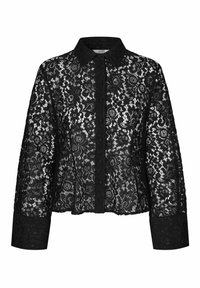 Zwarte langetijdige kantblouse met bloempatronen, knopen vooraan, effen boorden en een spitse kraag.