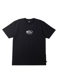 Black cotton t-shirt with short sleeves, featuring a circular gray logo on the front. Classic crew neck design. Soft, matte texture.
