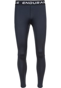 Leggings de sport extensibles de couleur marine avec une taille noire portant le mot "ENDURANCE" en blanc, conçues pour le confort et la mobilité.