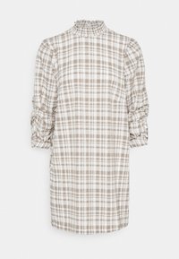 Brown and white plaid shirt dress with a high ruffled neckline and three-quarter sleeves, featuring gathered details at the sleeves.
