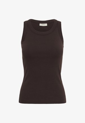 Bezrękawnik prążkowany w ciemnobrązowym kolorze z okrągłym dekoltem i dopasowanym krojem, oznaczony metką "InWear" na wewnętrznym kołnierzu.