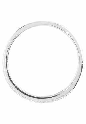 Silver ring with a smooth, polished surface and a textured edge featuring small circular accents. Simple, round design.