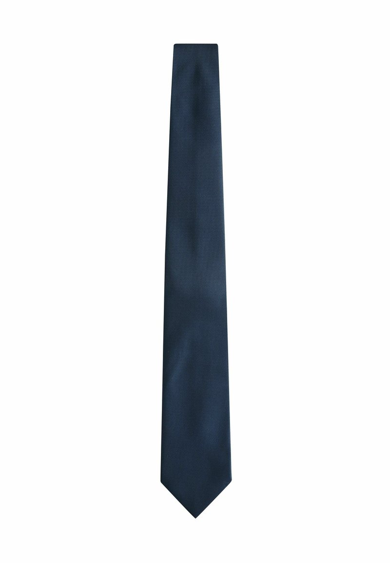 Cravate marine avec un motif texturé, de forme étroite et à pointe. Le matériau semble lisse et légèrement réfléchissant.