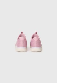 Pair of pink mesh sneakers with white soles, viewed from the back on a plain light gray background.