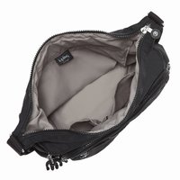 Schwarze Stoffhandtasche mit glatter Textur, zwei silbernen Reißverschlüssen und einem hellen Innenraum. Verfügt über mehrere Fächer und ein Markenlabel.