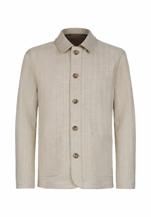Beige Jacke zum Zumachen mit langen Ärmeln, einem spitzen Kragen, einem dezenten Fischgrätenmuster und zwei aufgesetzten Fronttaschen.