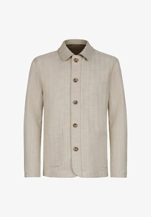 Beige Jacke zum Zumachen mit langen Ärmeln, einem spitzen Kragen, einem dezenten Fischgrätenmuster und zwei aufgesetzten Fronttaschen.
