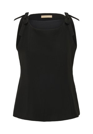 Melns bezrokains tops ar kvadrātveida izgriezumu un sasienamām plecu siksnām, pieguļošs siluets, vienkāršs audums.