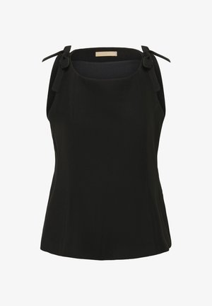 Schwarzes ärmelloses Oberteil mit quadratischem Ausschnitt und gebundenen Schulterriemen, taillierte Silhouette, einfarbiger Stoff.
