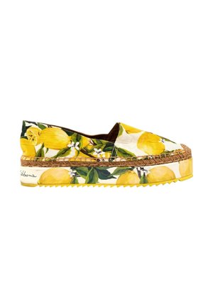 Slip-on platform espadrille med gul citron- og grønne bladprint, flettebastkant og gummisål med citronsmønster.