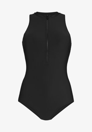Sort ærmeløs badedragt med høj halsudskæring og lukkemekanisme med lynlås foran.