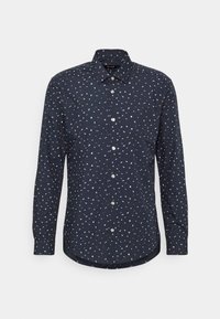 Een button-up overhemd van donker marineblauw stof met een verspreid meerkleurig stippenpatroon. Heeft een gestructureerde kraag en lange mouwen.