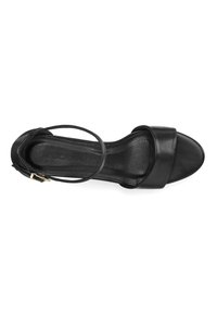 Black leather sandal with wide toe strap, slim ankle strap, and gold-tone buckle. Smooth texture and open toe design.