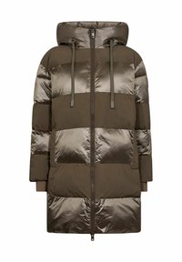 Parka verde oliva voluminoso con pannelli orizzontali lucidi, colletto alto, cappuccio, zip frontale e cordino. Texture morbida e liscia.