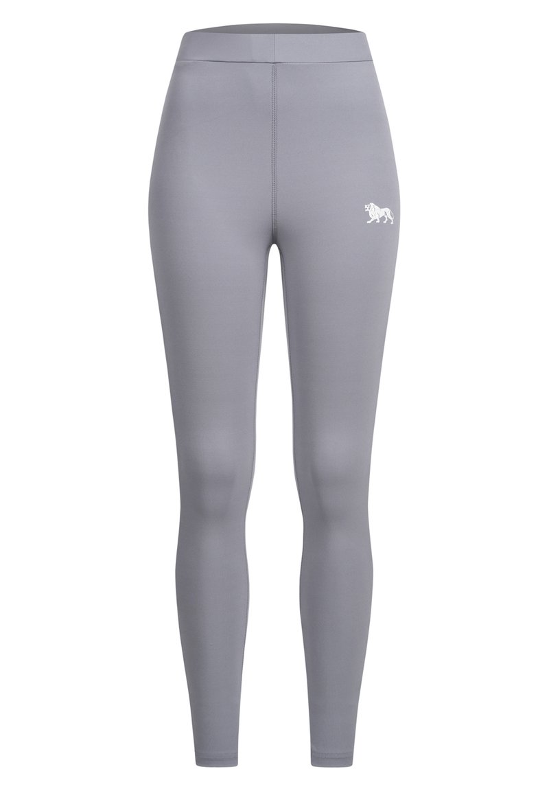 Leggings grigi realizzati in un tessuto liscio e elastico. Presentano una vita alta e un piccolo logo bianco sul lato sinistro superiore. Nessun motivo o accento.