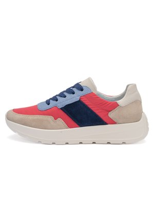 Casual sneaker with red, beige, light blue, and navy panels, navy laces, and a white sole.