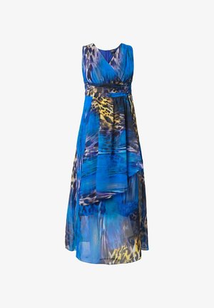 Abito maxi blu caratterizzato da una combinazione di motivi animalier e astratti, realizzato in tessuto leggero con una silhouette fluida e design a portafoglio.
