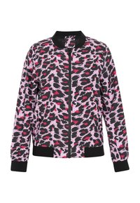 Giubbotto bomber con stampa leopardata in rosa, nero e bianco. Presenta una chiusura con zip, polsini a costine e orlo per un look aderente.
