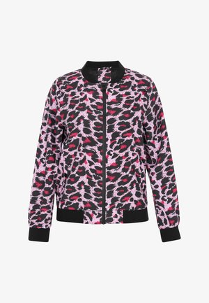 Bomberjacke im Leopardenmuster mit pinken, schwarzen und weißen Akzenten. Mit einem Reißverschluss, gerippten Bündchen und Saum für eine figurbetonte Passform.