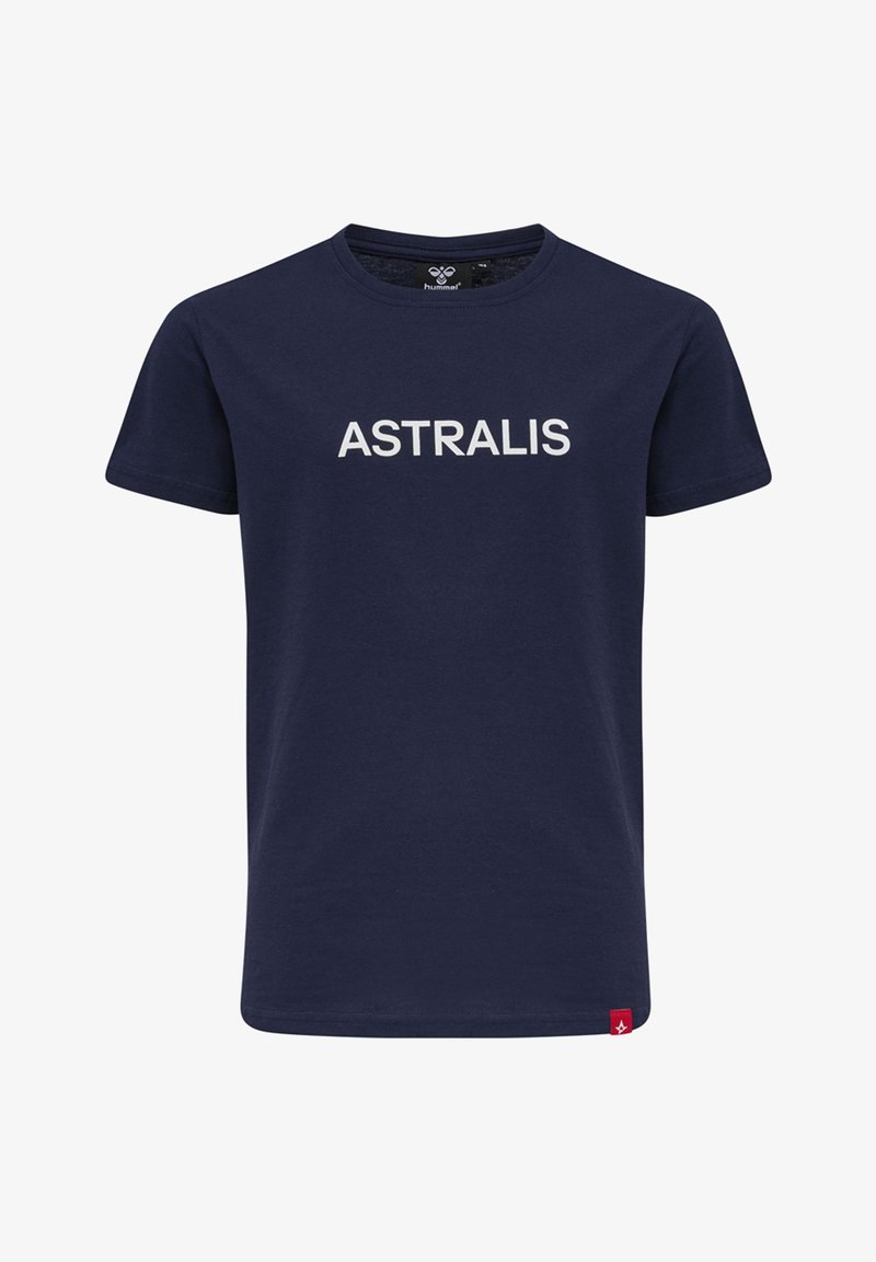 Dunkelblaues Baumwoll-T-Shirt mit weißem Text "ASTRALIS", Rundhalsausschnitt, kurzen Ärmeln und einem kleinen roten Logoakzent am Saum.