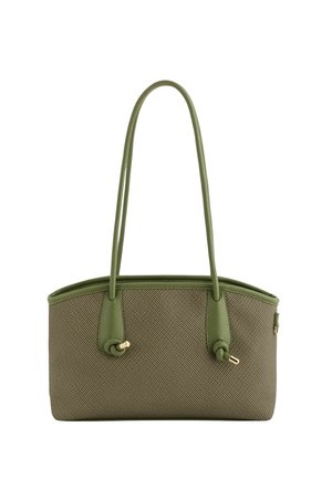 Sac à main rectangulaire vert olive avec corps en tissu texturé, deux longues anses arrondies et embouts dorés aux nœuds des anses.