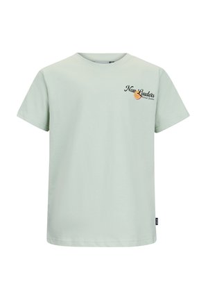 Lichtgroen T-shirt met korte mouwen en de tekst "New Leaders Retour Jeans" met een sinaasappelschijfje grafiek op de linkerborst.