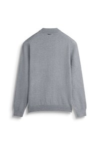 Maglione grigio con scollatura tondeggiante, maniche lunghe, polsini e orlo a coste, realizzato in un morbido materiale a maglia, texture liscia, senza motivi visibili.
