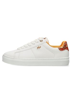 White sneaker with textured leather upper, gold accents, and a patterned red and orange heel. Flat rubber sole and lace-up design.