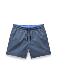 Men's swim shorts in light blue, made of lightweight fabric. Features an elastic waistband, drawstring, and side pockets. Logo detail on hem.