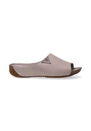 Open-toe clog made of light beige leather with a cork sole, featuring white stitching and a small metal accent on the upper side.