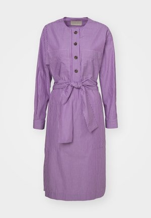 Purple striped dress featuring a round neckline, long sleeves, front button placket, two chest pockets, and a tied waist belt.