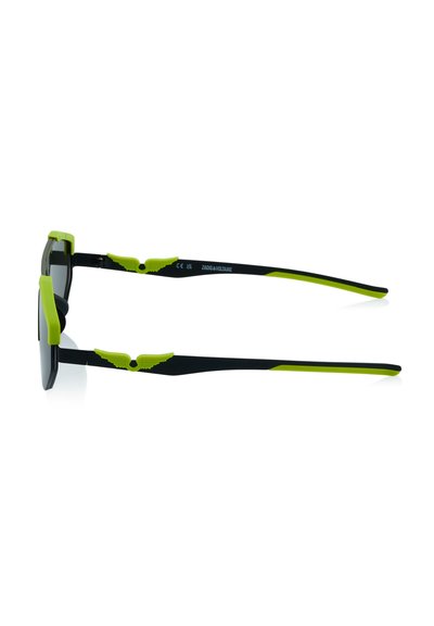 Sonnenbrille mit schwarzen Rahmen und grünen Akzenten. Verfügt über flügelartige Designs an den Bügeln. Dunkle Gläser, schlanke Form, leichtes Material.