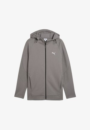 Szary rozpinany hoodie z kapturem na sznurki, gładki materiał, boczne kieszenie i biały logo na klatce piersiowej. Posiada kontrastowe panele.