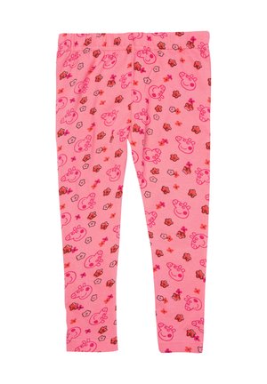 Pink children's leggings with repeated cartoon pig faces and small red and pink flower patterns.