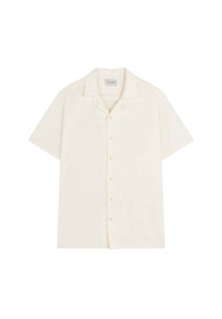 Koszula krótki rękaw zapinana na guziki w off-white. Posiada kołnierz typu camp, subtelną fakturę i pięć guzików z przodu. Prosty design bez wzorów.