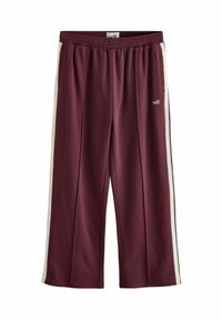 Bordeaux sweatpants met een wijde pijpdesign, elastische tailleband en contrasterende witte zijkanten. Bevat het 'self.' logo aan de voorkant. Zachte textuur.