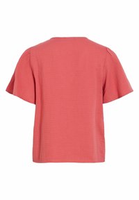 Blouse rose corail à manches courtes avec un col rond et un tissu légèrement texturé vue de dos.