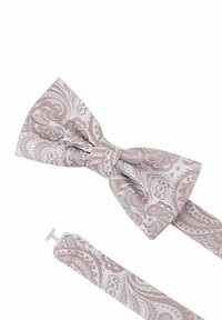 Fliege mit einem Paisleymuster in sanften Rosa- und Weißtönen, hergestellt aus satinähnlichem Material, mit einem vorgebundenen Design und verstellbarem Band.