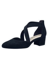 Černé semišové lodičky s kulatou špičkou, vybavené elastickými křížovými pásky a nízkým blokovým podpatkem pro stabilitu. Jednoduchý a čistý design.