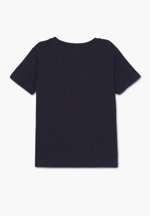T-shirt bleu marine uni à manches courtes, posé à plat, montrant le dos avec un col rond sur fond blanc.