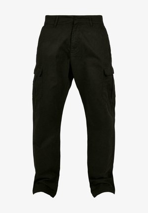 Pantalons cargo en coton noir avec une coupe décontractée, dotés de poches latérales, de passants de ceinture et de jambes droites. Tissu texturé et couture renforcée.