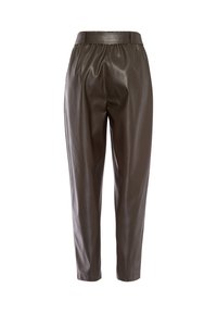 Bruine nepleren broek met een losse pasvorm, elastische tailleband en taps toelopende pijpen. Het oppervlak heeft een gladde, glanzende textuur.