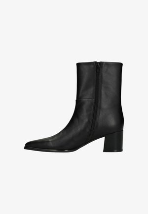 Black leather ankle boot with a pointed toe and a low block heel. Features a side zipper and a smooth, matte texture.