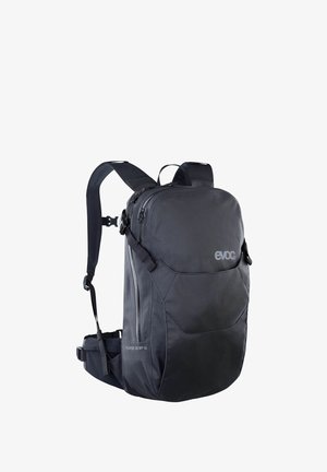 Zwarte rugzak met een gestroomlijnd ontwerp, gemaakt van duurzaam stof. Voorzien van verstelbare bandjes en meerdere ritssluitingen voor organisatie.