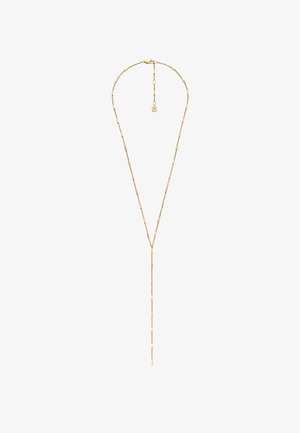 Goudkleurige halsketting met een lange, delicate ketting met afwisselend rechthoekige en ronde schakels, eindigend in een Y-vormige hanger.
