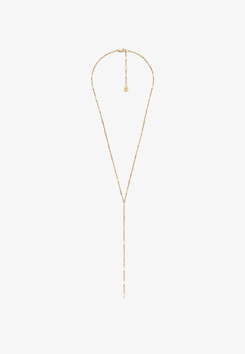 Collier doré avec une longue chaîne délicate dotée de maillons rectangulaires et ronds alternés, se terminant par un pendentif en forme de Y.