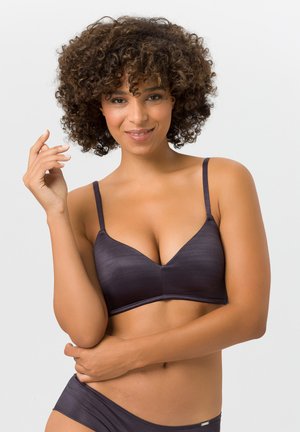 Dark gray bra with a smooth, slightly shiny texture. It features thin straps and a v-neck design, providing a seamless appearance.