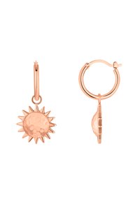 Orecchini a cerchio in oro rosa con un pendente a forma di sole testurizzato con raggi appuntiti. Il design del sole è rotondo, con una finitura martellata e accenti in rilievo.