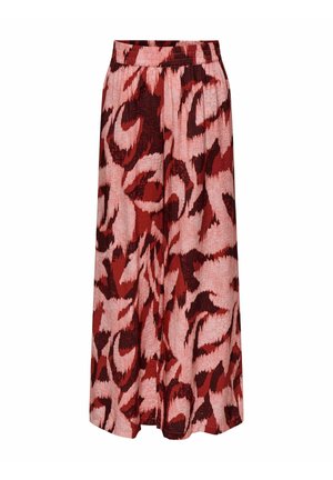 Jupe maxi plissée dans un mélange de tons rouges et roses, avec un motif abstrait audacieux et une taille élastique pour plus de confort.