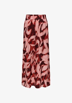 Plisovaná maxi sukňa v kombinácii červených a ružových tónov, s výrazným abstraktným vzorom a elastickým pásom pre pohodlie.